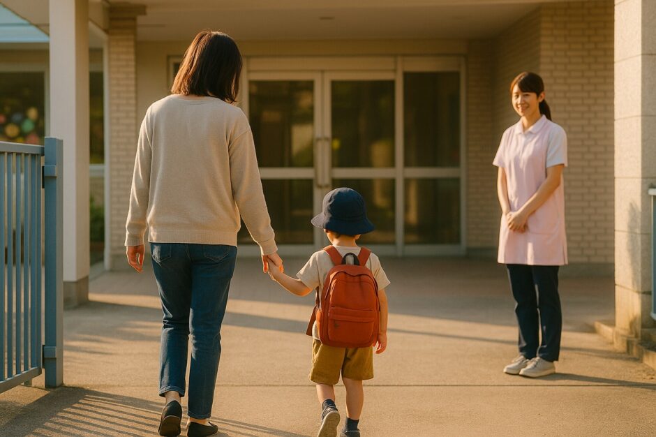 保育園の玄関前で、朝の自然光に包まれながら登園する親子の後ろ姿。子どもは保護者の手を握り、保育士が少し離れた場所から優しく見守っている様子を写した写真風イメージ。