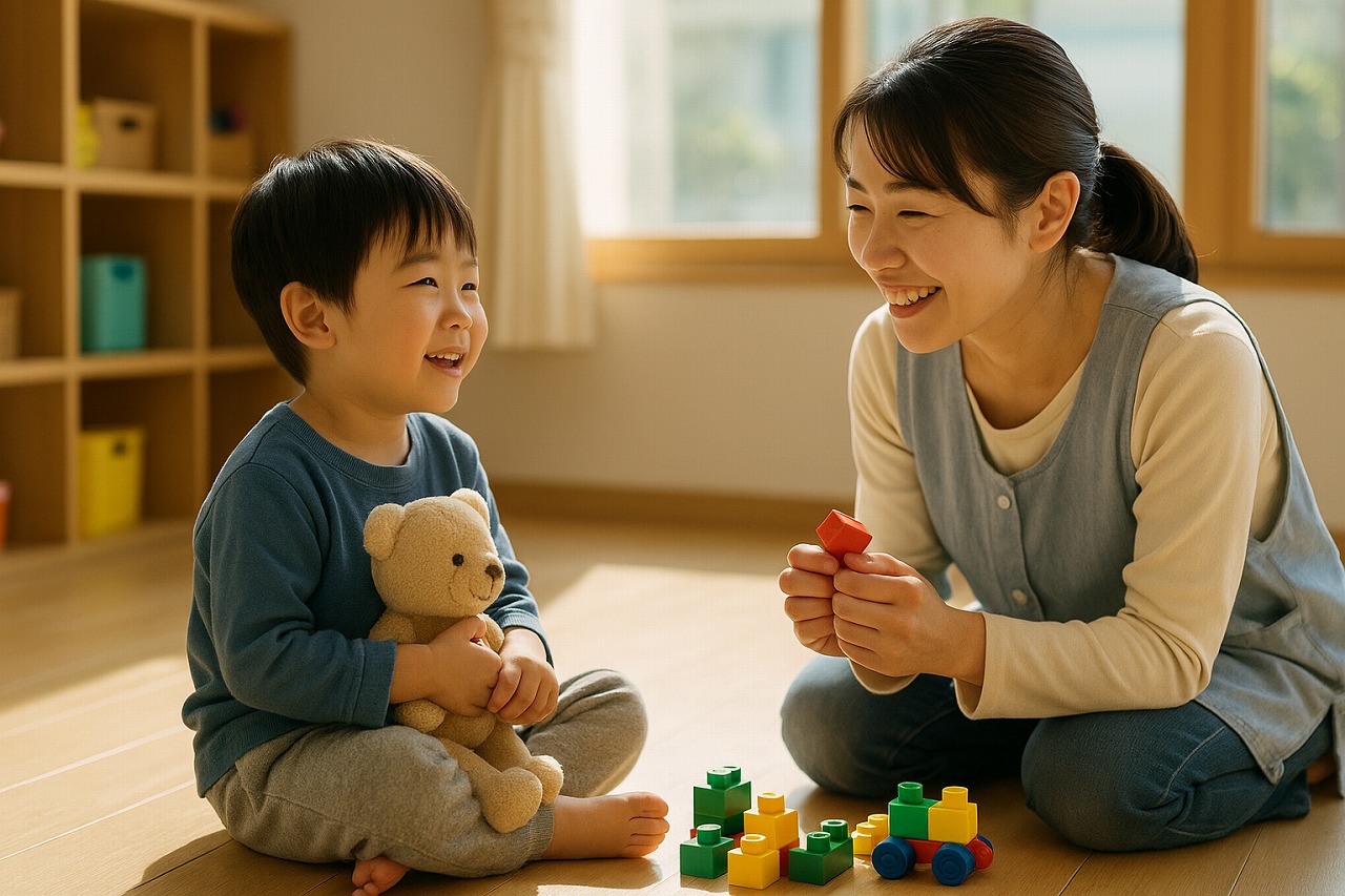 泣き止んで、保育士とおもちゃで遊ぶ男の子。