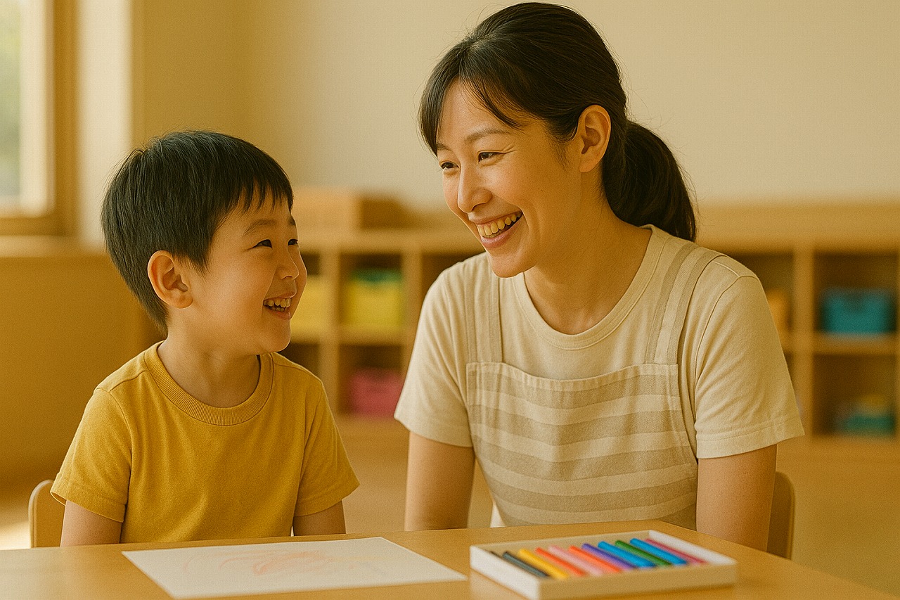 教室の中で保育士と園児が笑い合い、安心した表情で過ごしている保育園の日常シーン。