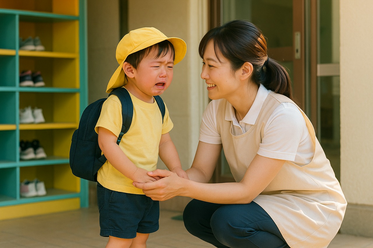 登園初日、泣いている園児に保育士が目線を合わせて手を握り、安心させている保育園の玄関の様子。