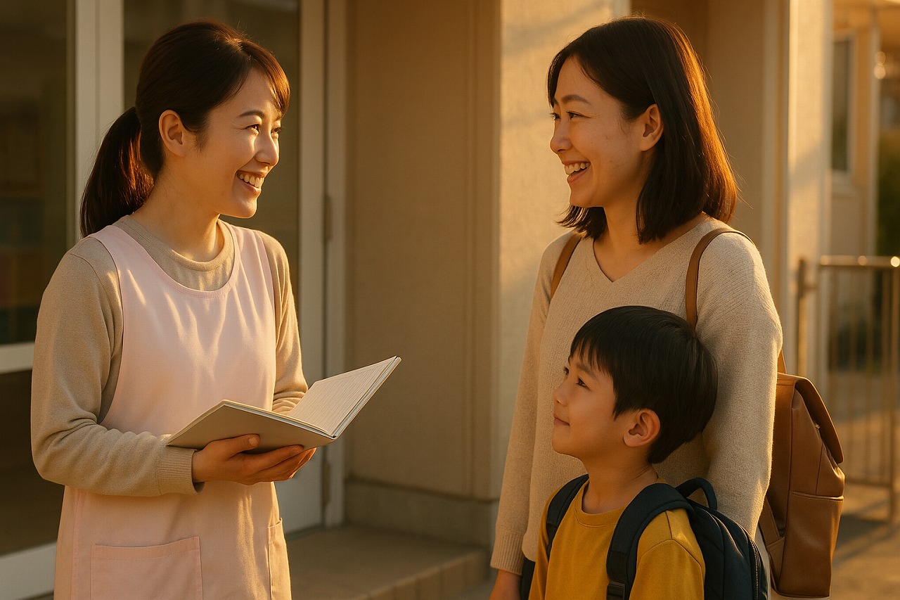 夕方の保育園玄関で、保育士と保護者が連絡帳を見ながら笑顔で話し、園児がそばで待っている様子。