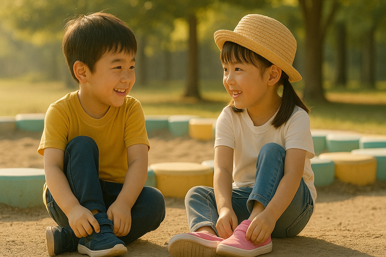 園庭で子ども同士が靴を履きながら助け合い、笑顔を見せている保育園の朝の様子。