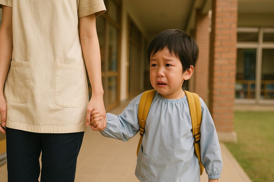 春の朝、保育園の玄関から保育士が園児の手を握り、泣いている子と歩いている風景。