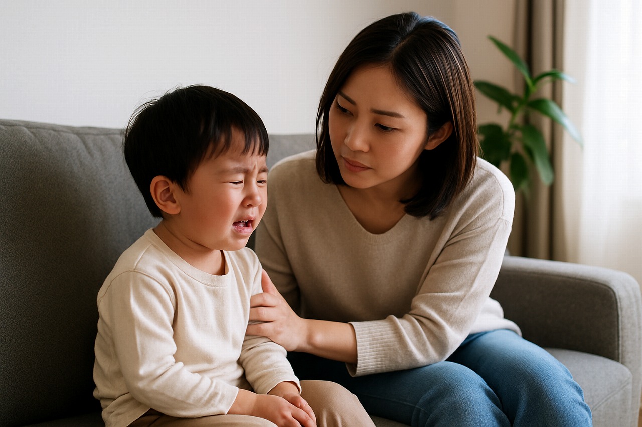 ソファで泣く子どもに親が寄り添い、落ち着くのを待っている様子を写した写真。