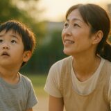 空を見上げている男の子と保育士の様子