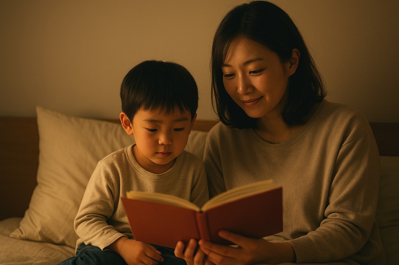 暗めの寝室で、親子が並んで絵本を読みながら落ち着いた時間を過ごしている様子の写真。