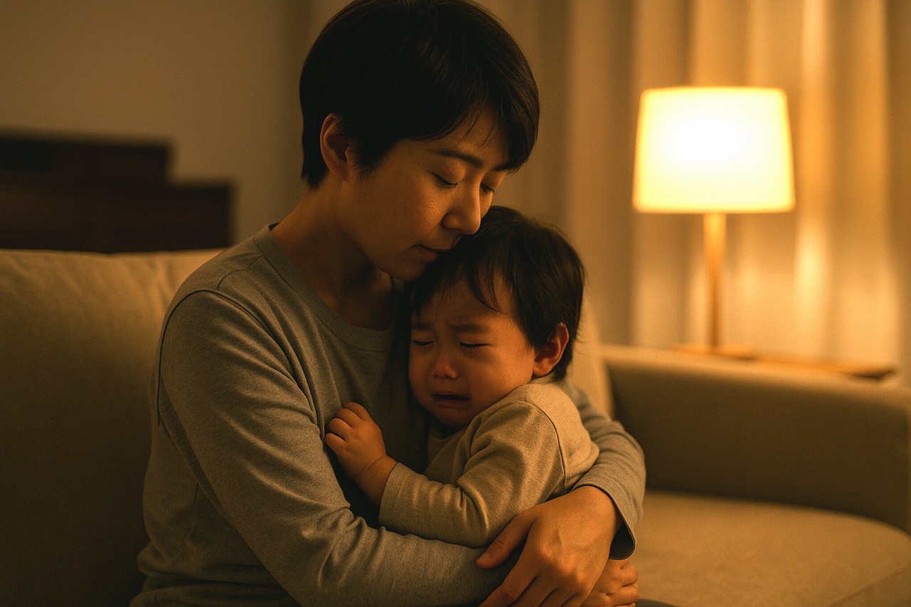夜の室内で、親が泣いて起きた子どもを抱きしめ、落ち着かせている様子。優しい光に包まれた安心感のある場面。