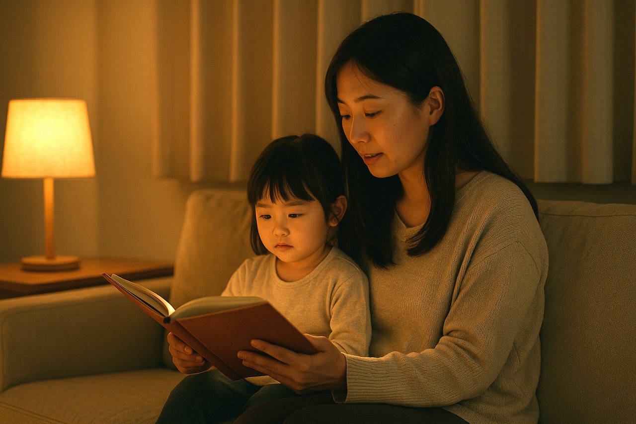 夜のリビングで、親が子どもに絵本を読み聞かせている様子。穏やかな間接照明に包まれた落ち着いた雰囲気。