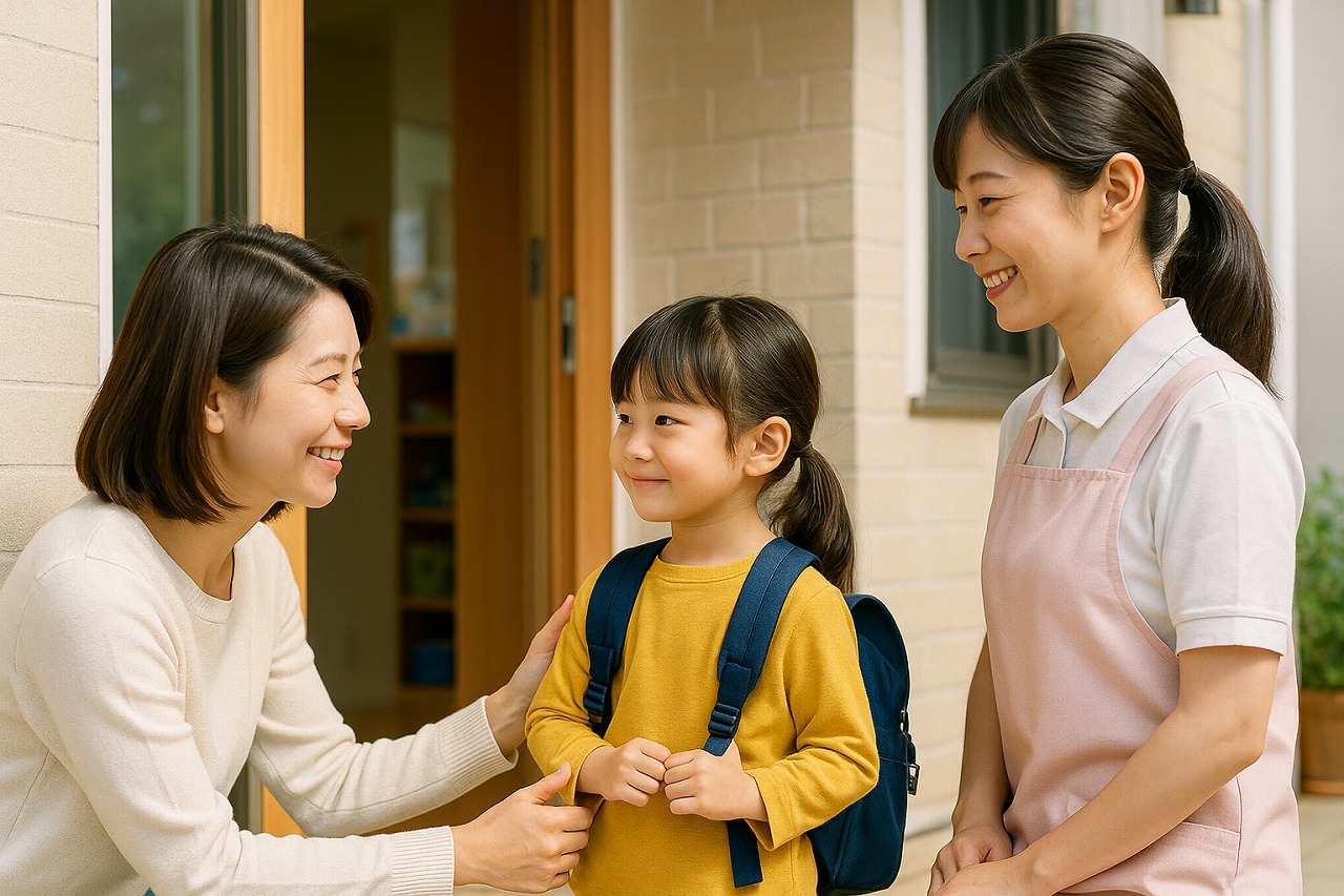保育園の玄関で、親子と保育士が朝の挨拶を交わしている様子。明るい自然光が入り、子どもが落ち着いた表情で登園している場面。