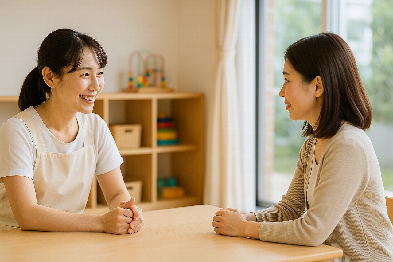 保育園の相談スペースで、保護者と保育士が落ち着いた雰囲気で話し合っている様子。自然光が入り、距離を保った安全な構図。