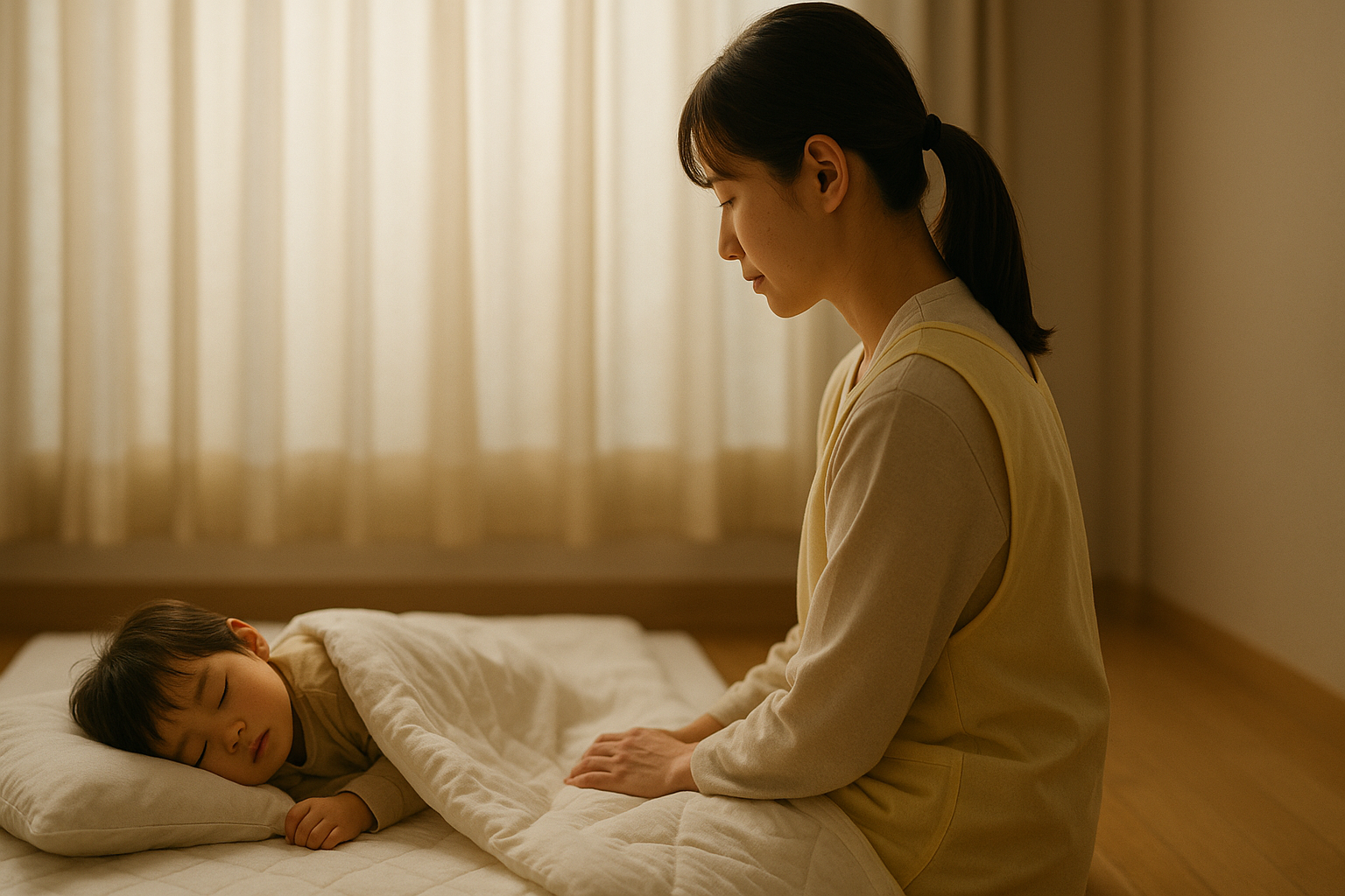 保育園の午睡室で、保育士が眠る幼児をそっと見守っている様子。穏やかな光が差し込む静かな空間。