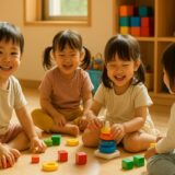保育園の一角で園児たちが笑顔で遊ぶ様子。明るい室内、自然光が差し込む穏やかな雰囲気。