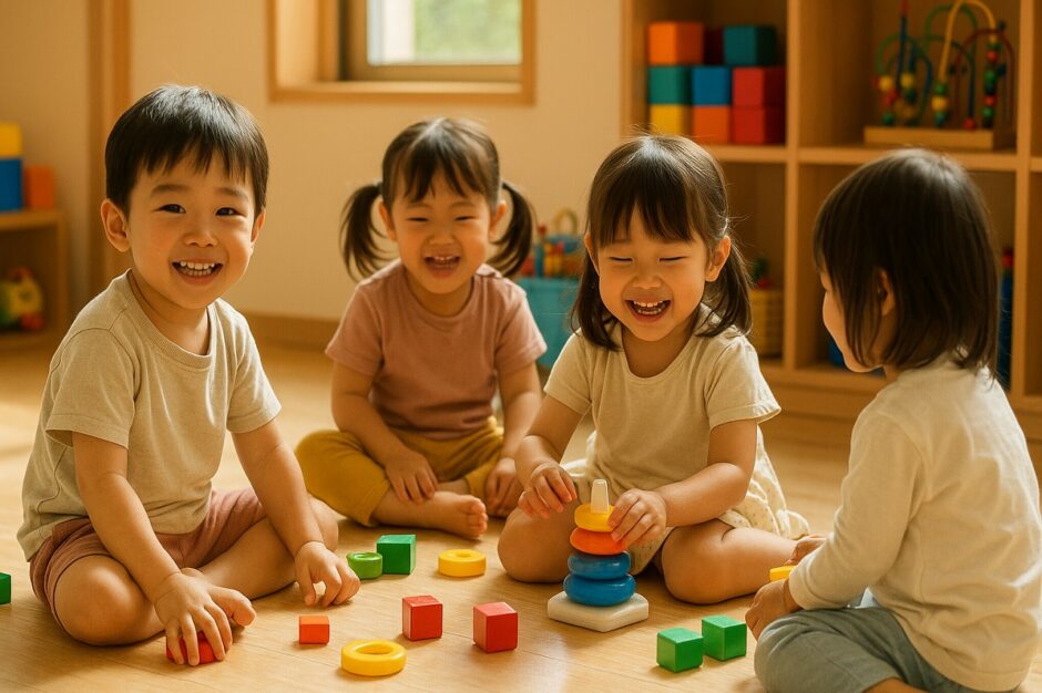 保育園の一角で園児たちが笑顔で遊ぶ様子。明るい室内、自然光が差し込む穏やかな雰囲気。