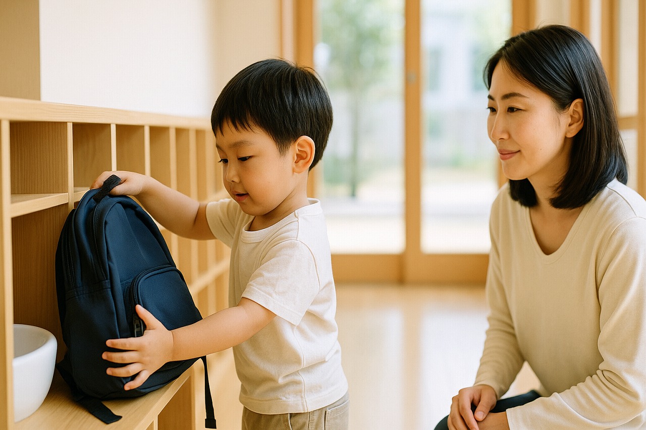 登園後、子どもがロッカーに荷物をしまったり手洗いへ向かったりする様子。親がそっと見守り、園内の明るい雰囲気が伝わる場面。