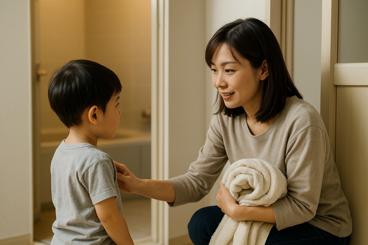 お風呂前、タオルを持った親が子どもに優しく入浴を促している場面を捉えた写真。