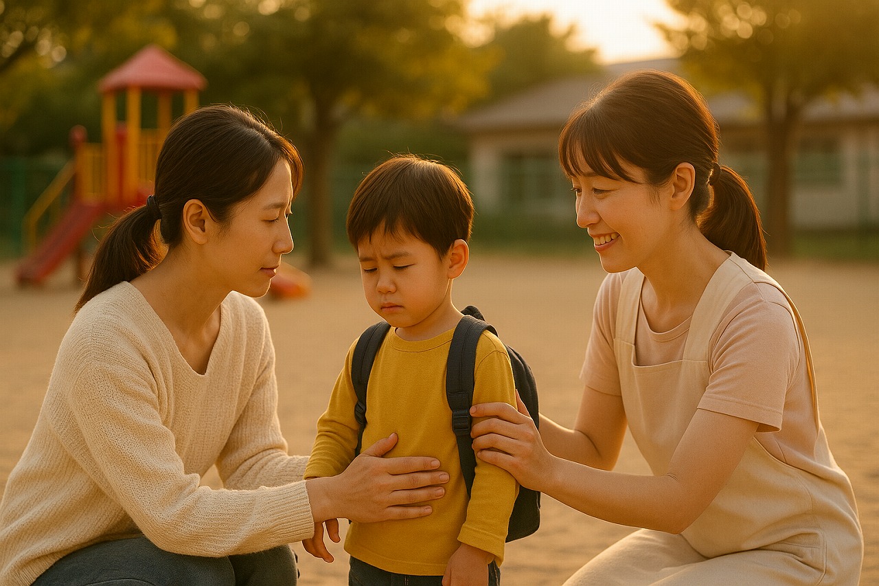 夕方の園庭で、帰りたくない子を優しくなだめる保育士と保護者。夕日が差し込むあたたかな雰囲気。