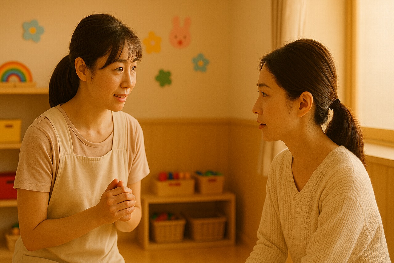 保育室の隅で、夕方の光の中短く話す保育士と保護者。落ち着いた雰囲気の室内。