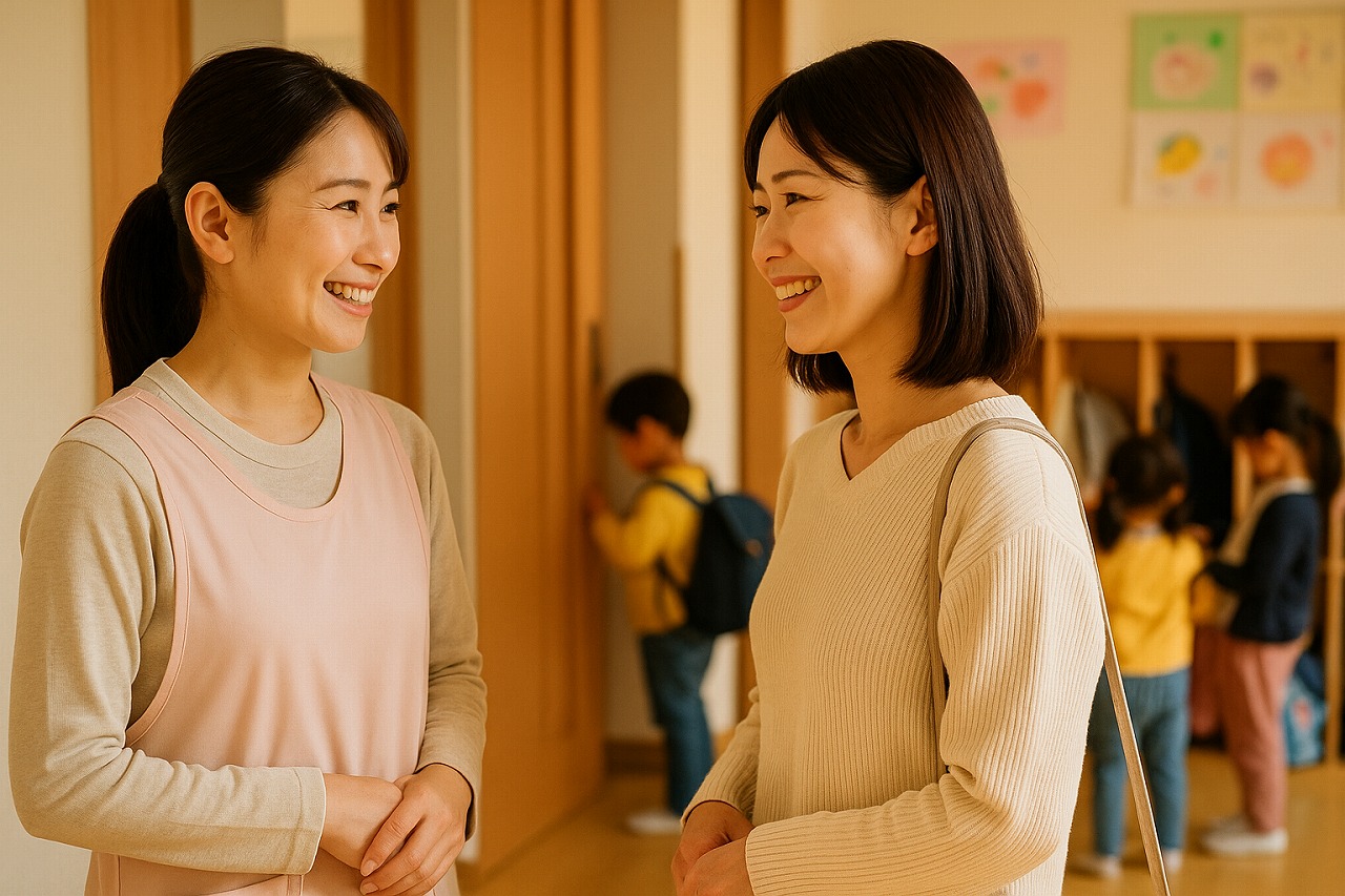 保育室の前で、保護者と話す保育士。後ろで帰り支度をする子どもたちが見える明るい夕方の園。
