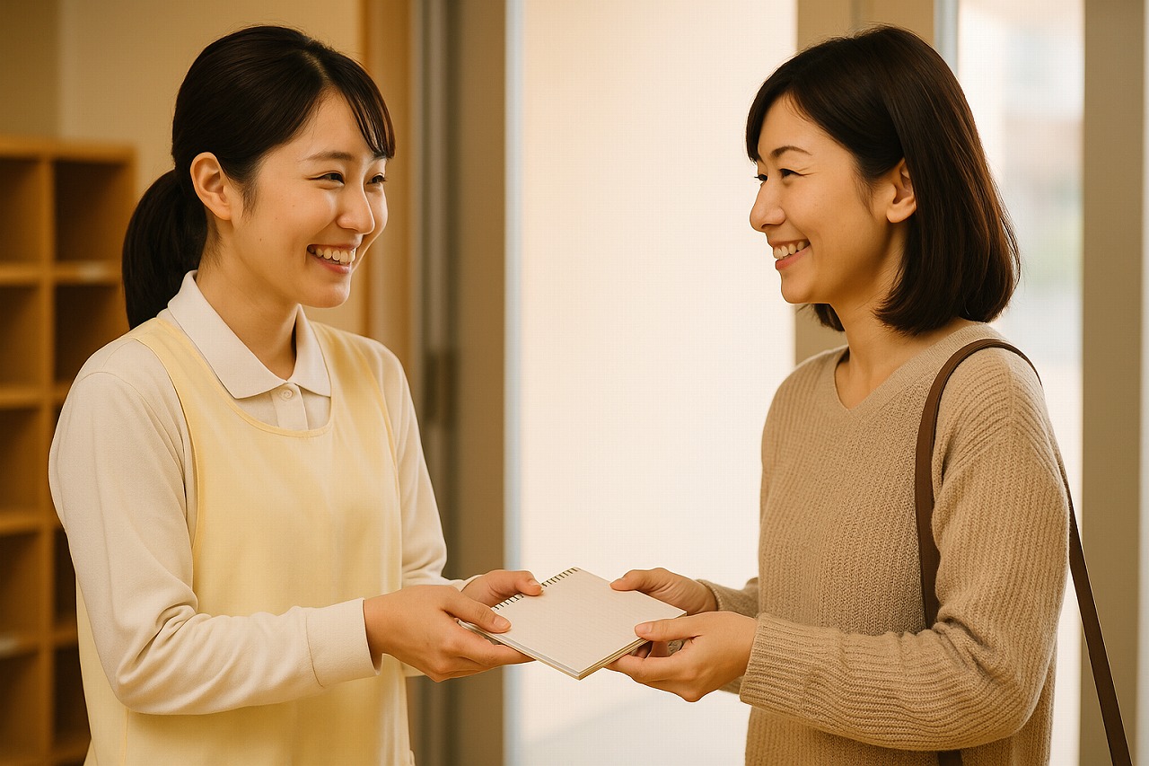 保育園玄関で連絡帳を渡す保育士と保護者。穏やかな表情でやり取りする様子。