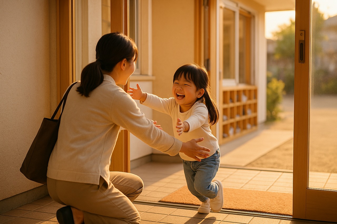 お迎えに来た保護者に嬉しそうに駆け寄る子ども。夕方の光が差し込む玄関前の温かな光景。