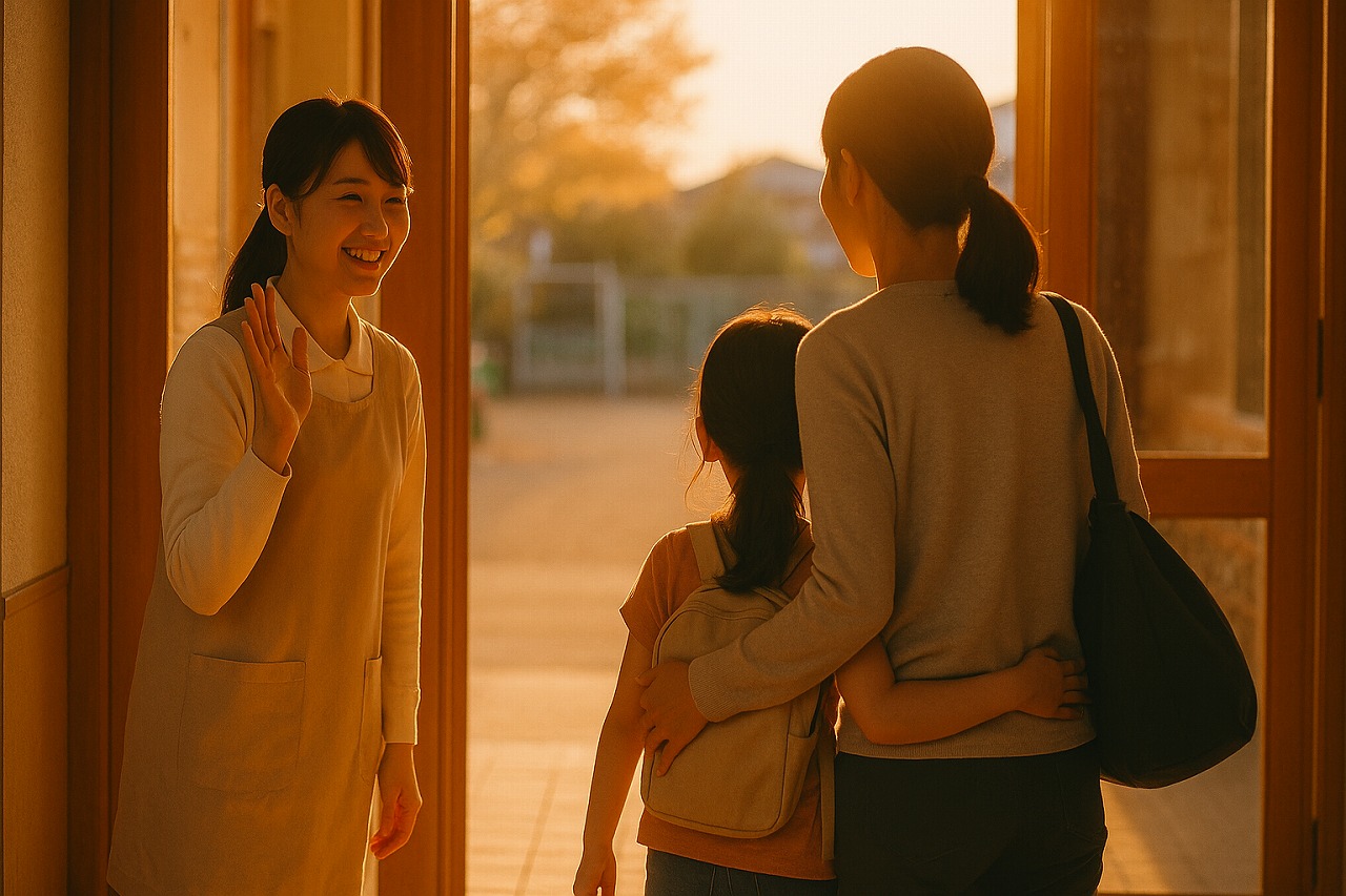 夕暮れの保育園玄関で、保育士が親子を笑顔で見送る後ろ姿。オレンジ色の光に包まれたやさしい情景。