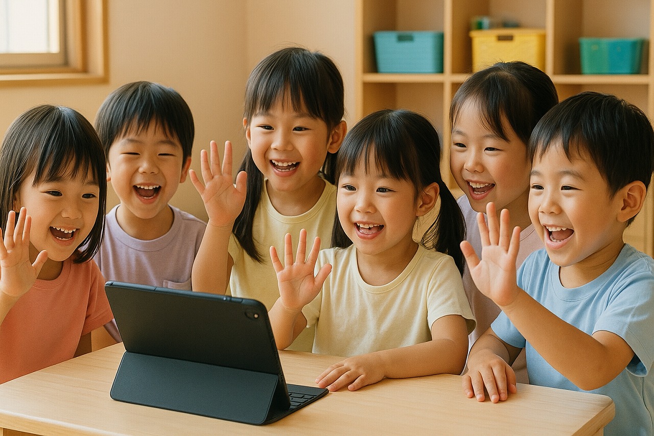 園児が画面越しに祖父母へ「ありがとう」と伝えるオンライン敬老会の場面。