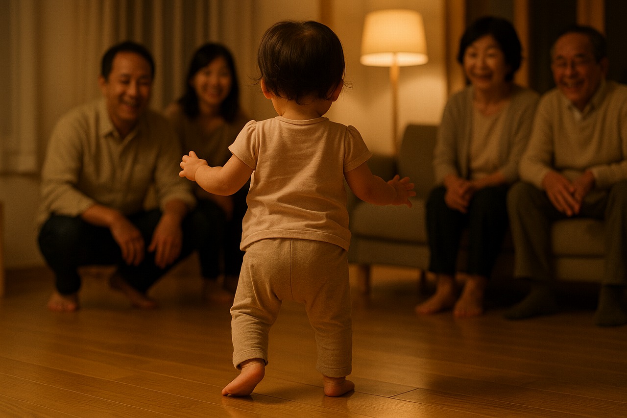 大晦日の夜、家庭のリビングで1歳の女の子が初めて歩き出し、家族が温かく見守っている様子を捉えた写真。