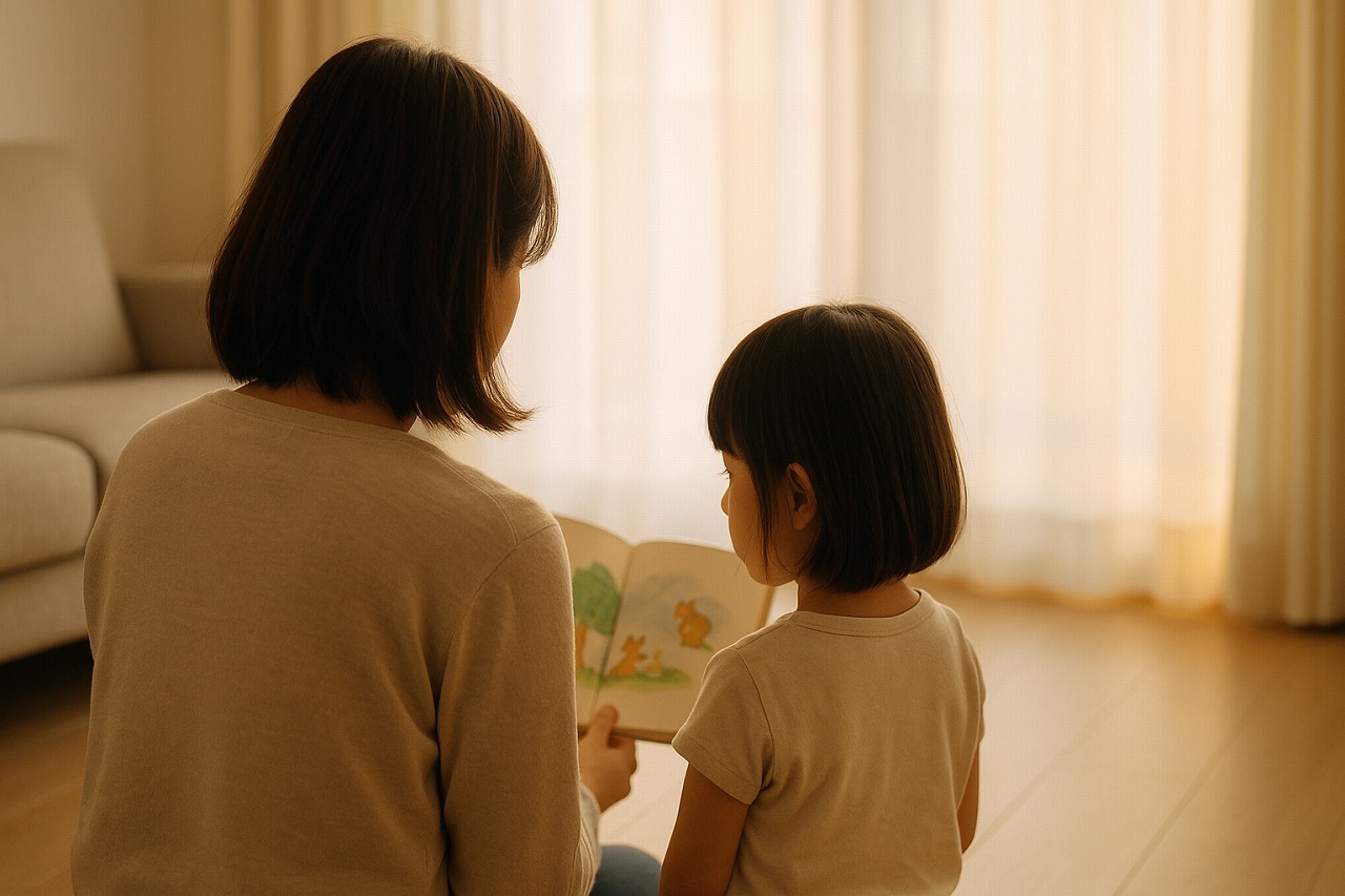 親子が並んで座り、絵本を読んでいる後ろ姿。夕方の自然光があたたかく差し込む静かな家庭の様子。