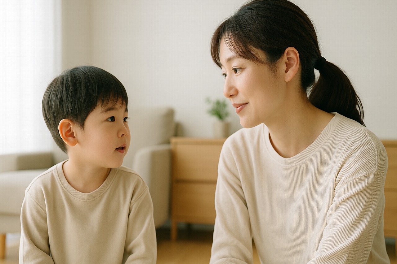 家庭のリビングで、親と子が並んで穏やかに会話を交わす姿。安心感のある親子のコミュニケーション場面。