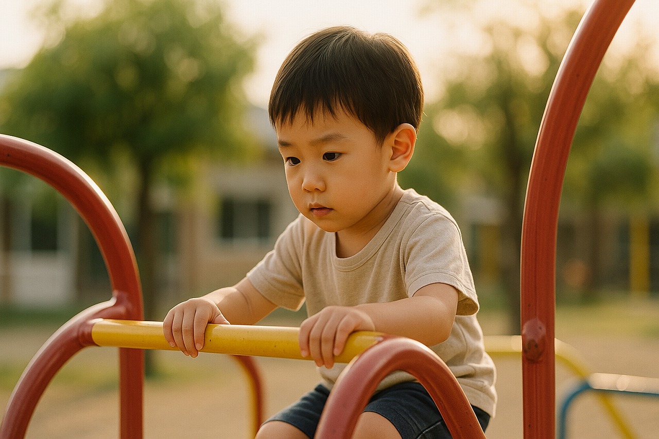 園庭で遊具に挑戦する幼児の姿をやさしい逆光で写した写真。