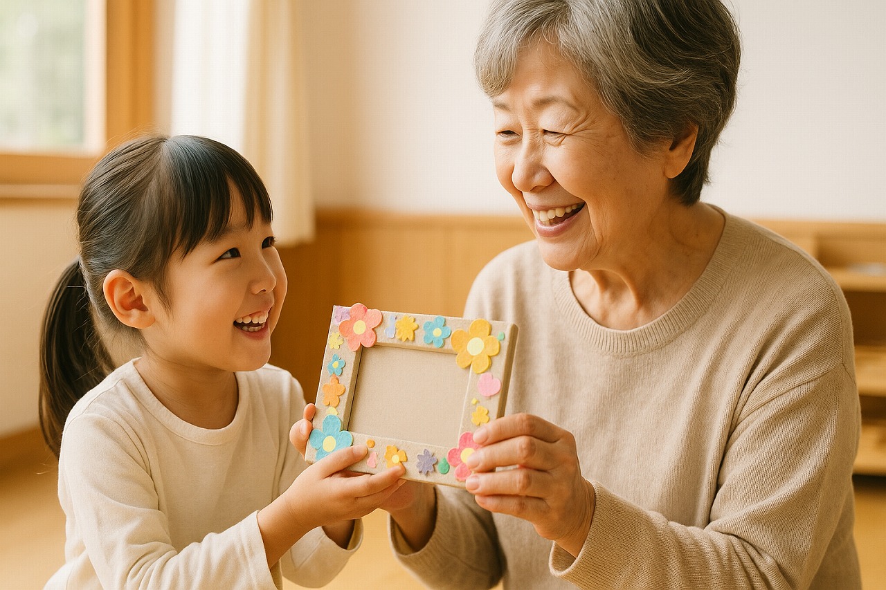 園児が祖母に写真立てを手渡す敬老会のひとこま。笑顔があふれる場面。
