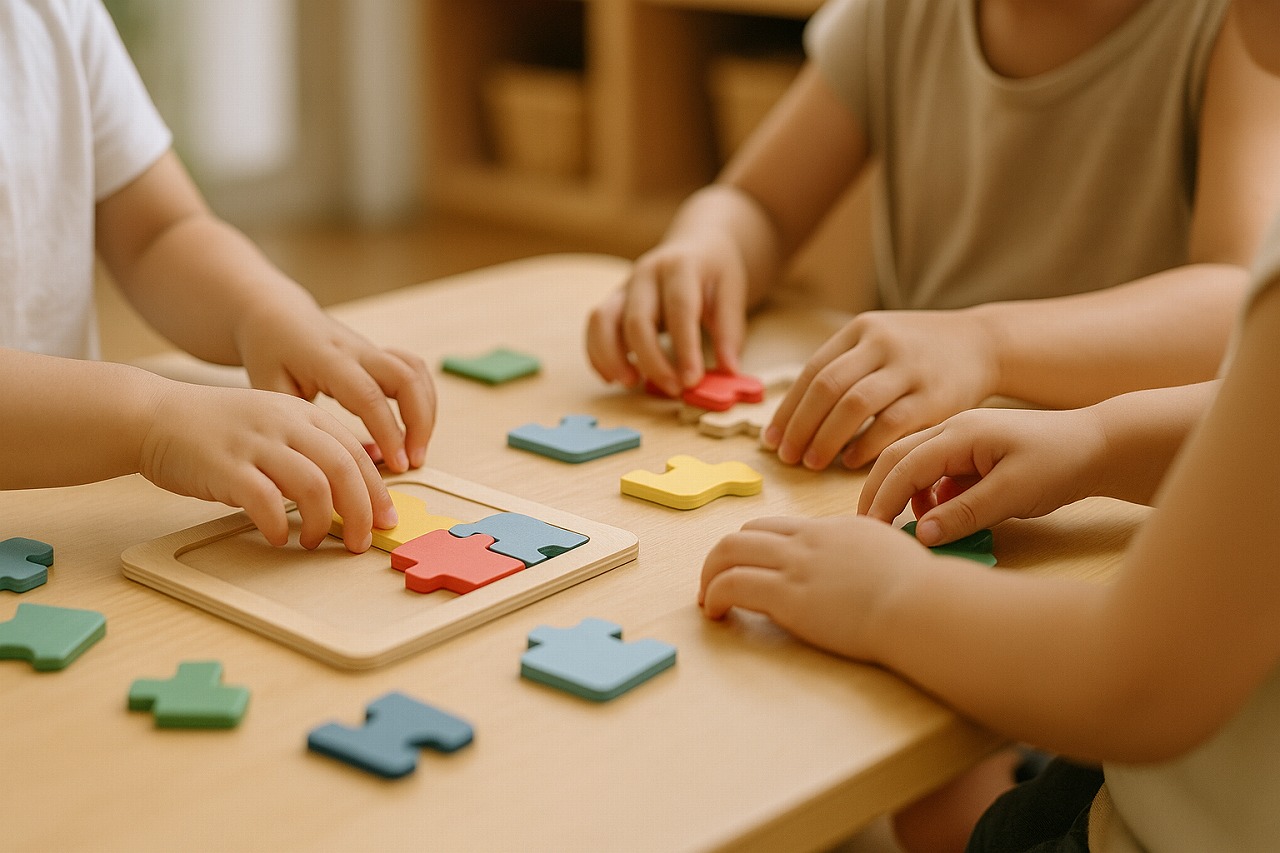 複数の幼児が同じ机でパズルを並べ、手元だけが写っている協同遊びの場面の写真。