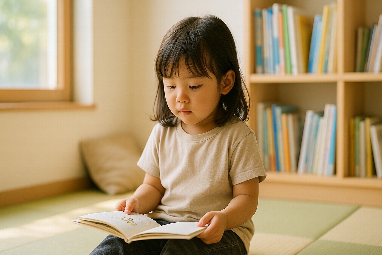 保育園の絵本コーナーで幼児が絵本を手にして静かに過ごしている様子を写した写真。  image_filename: