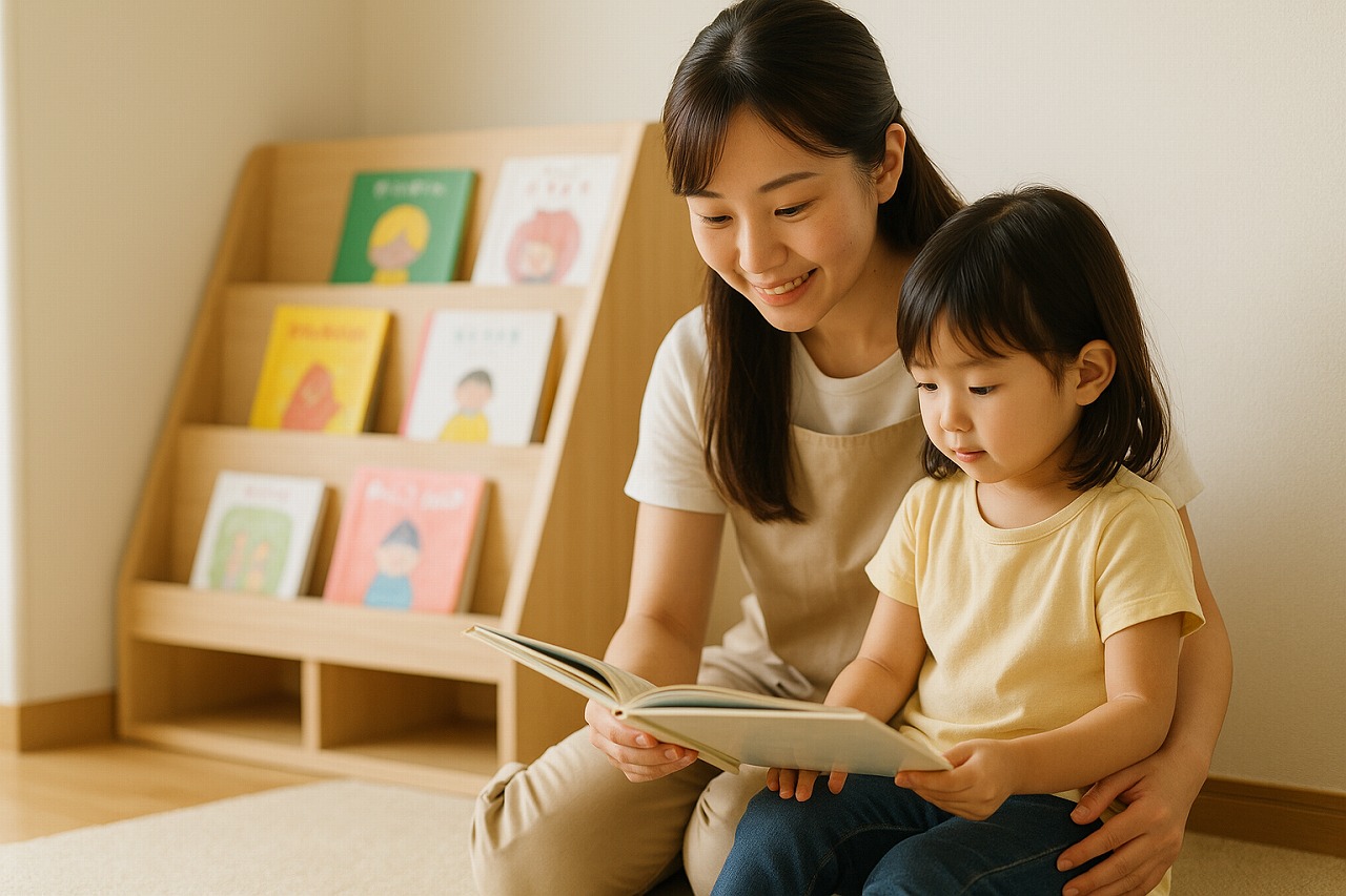 保育士が絵本コーナーで子どもと並んで座り、安心感をもって関わっている様子。