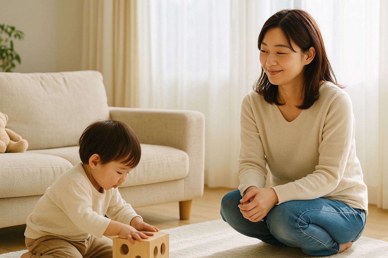 自然光の差し込むリビングで、ママが子どもを見守りながらくつろいでいる様子を写した穏やかな家庭シーン。