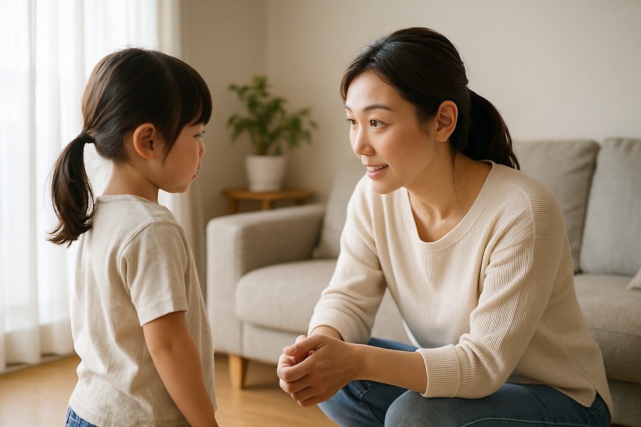 親が子どもと目線を合わせ、選択肢を優しく伝えている家庭の場面。