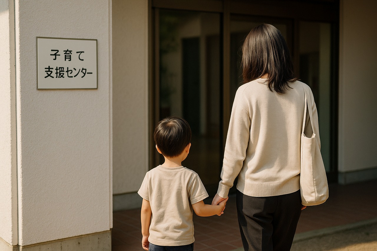 子育て支援センターの入口へ向かって歩く親子の後ろ姿を写した写真。