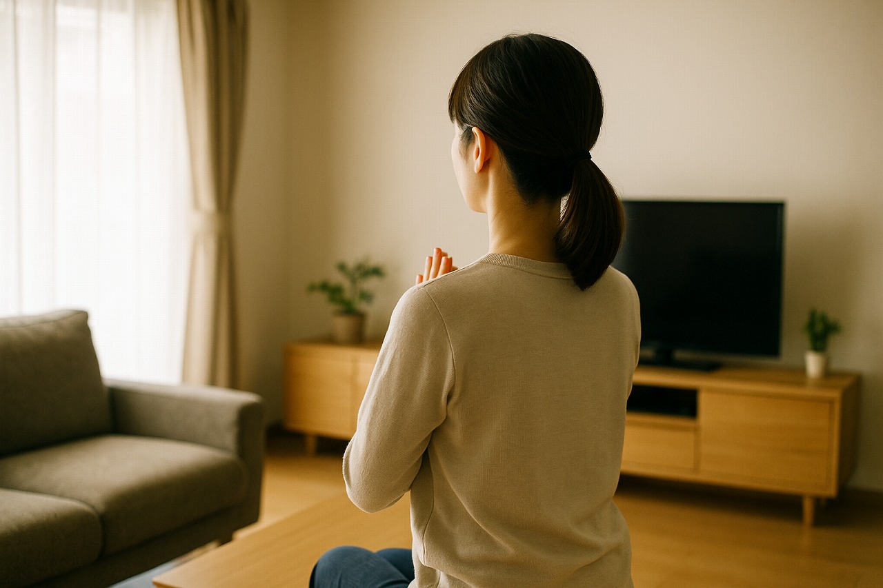 リビングで親が深呼吸をして気持ちを整えている後ろ姿を写した写真。