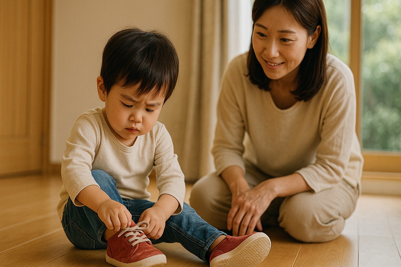 靴を履こうとする子どもを優しく見守る母親。