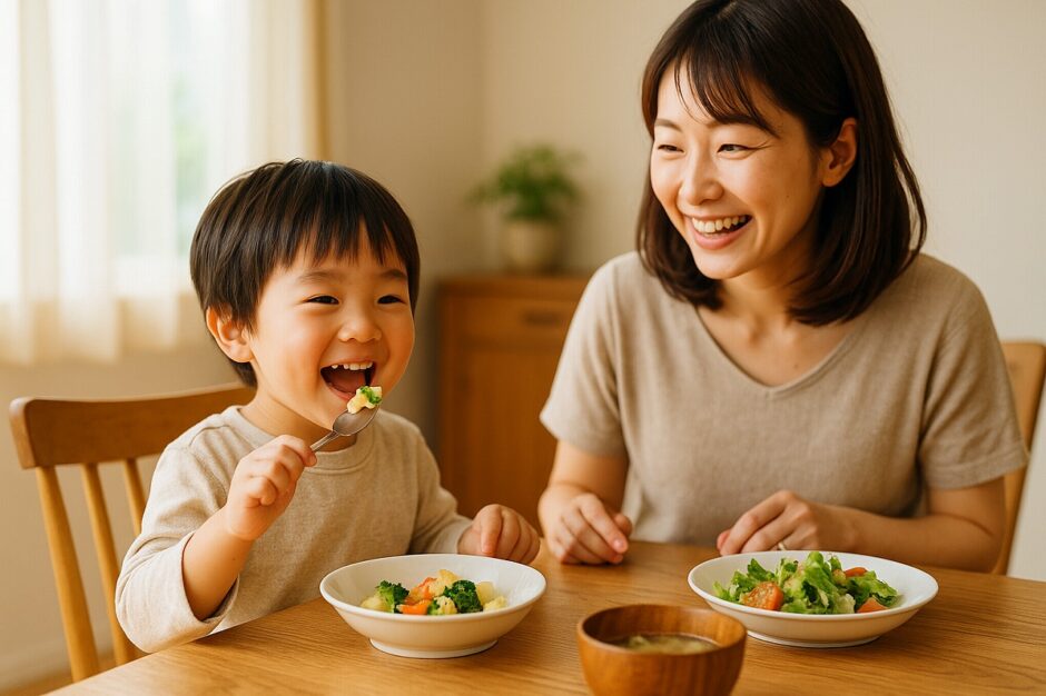 家庭のダイニングで幼児が笑顔で食事をする親子シーン