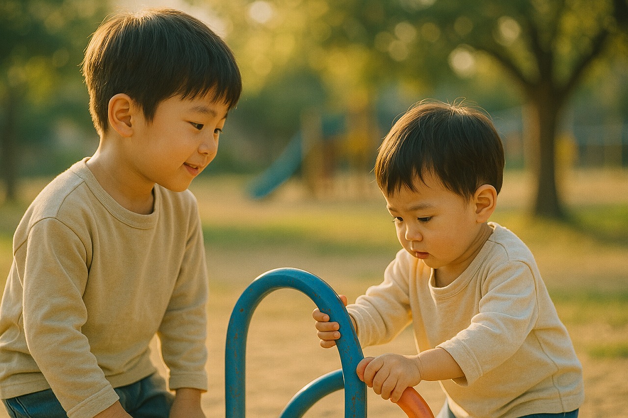 年上の兄弟が下の子を見守りながら遊んでいる姿を写した温かい雰囲気の写真。