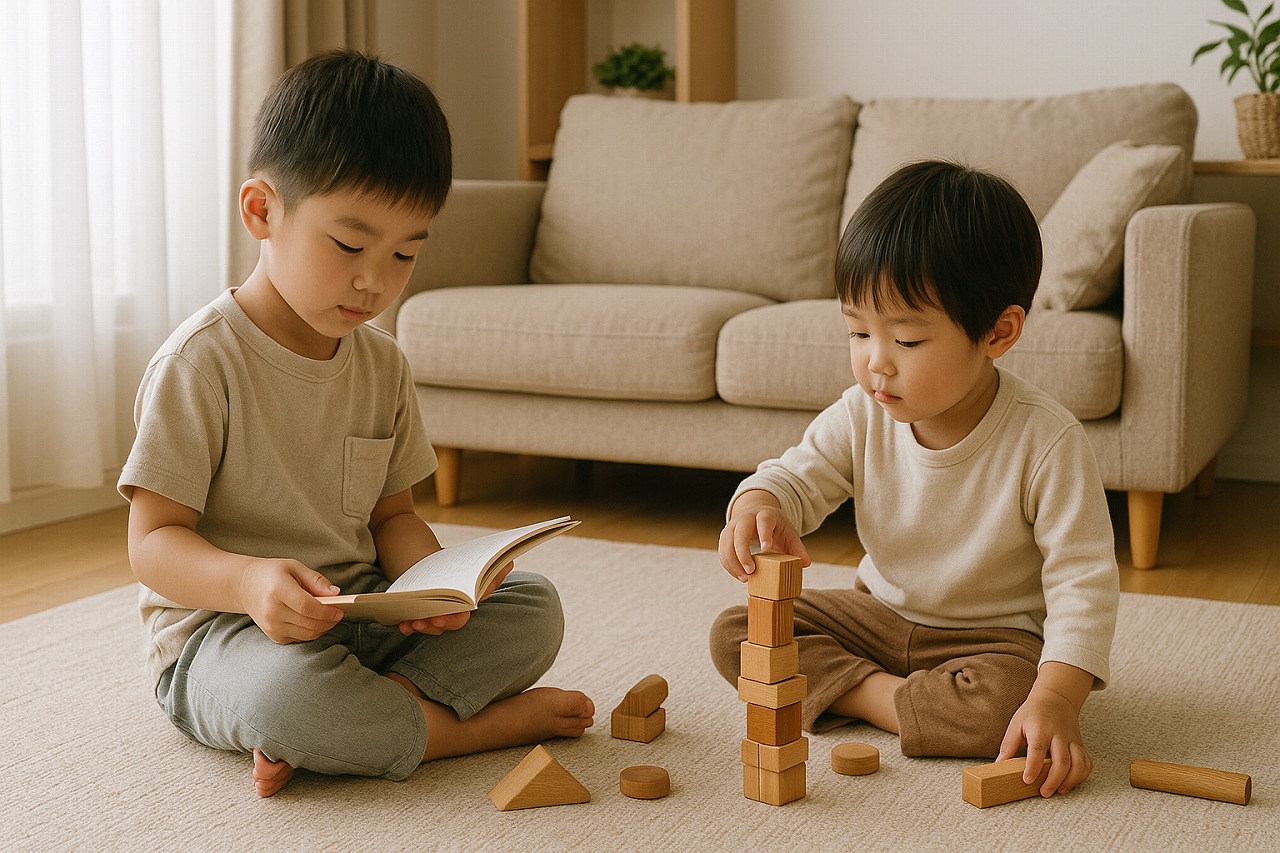 リビングで兄弟がそれぞれ違う遊びをして過ごす自然な家庭の一場面。