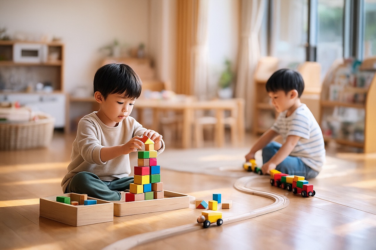 保育室で兄弟がそれぞれ異なる遊びに集中している様子を捉えた写真風イメージ。