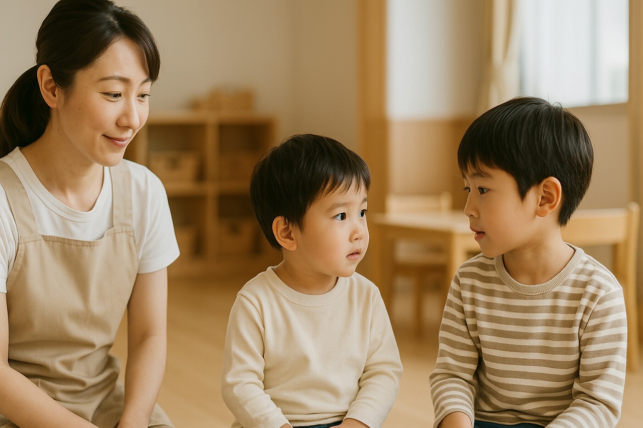 大人がそばで見守る中、兄弟が落ち着いて話し合う様子を撮影した写真。