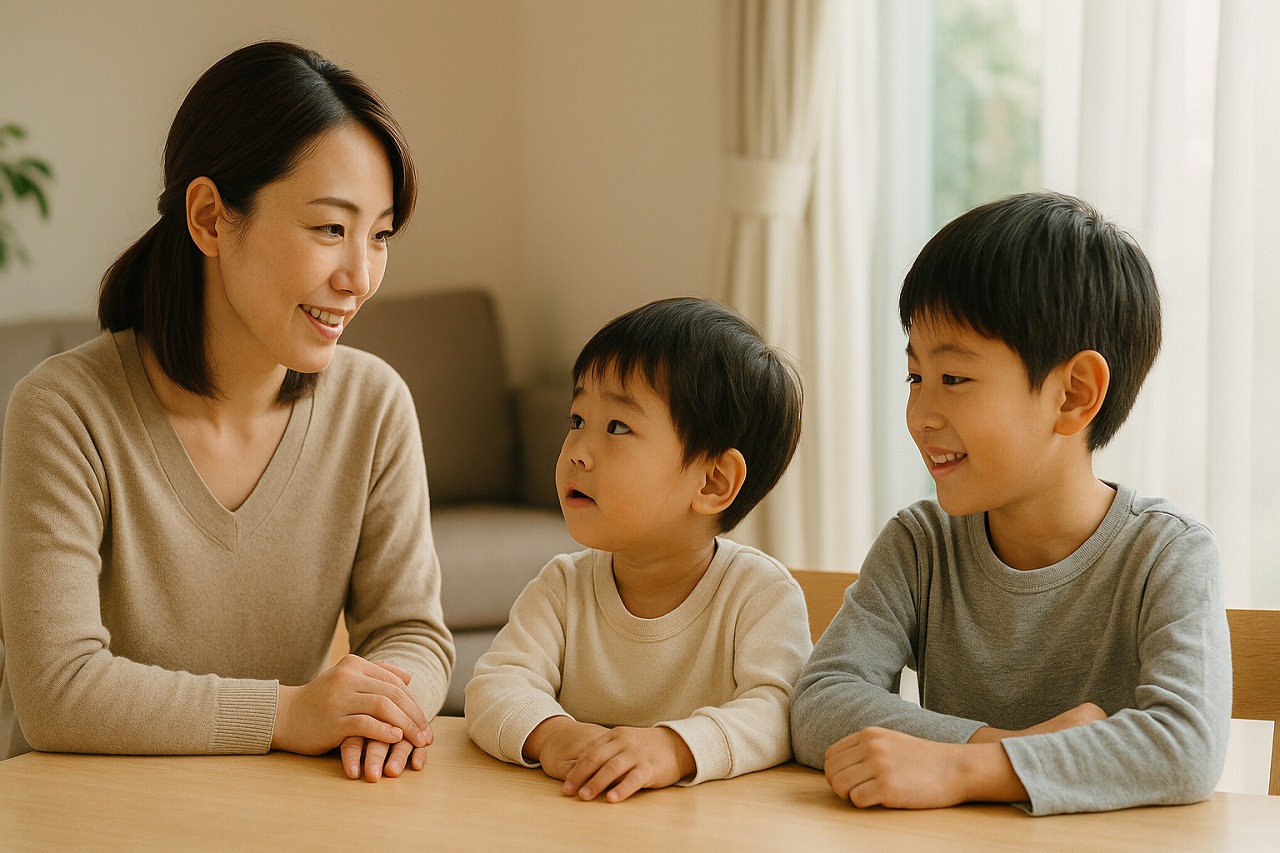 家庭で親が兄弟それぞれに穏やかに声をかけている温かな雰囲気の写真。  ● ファイル名