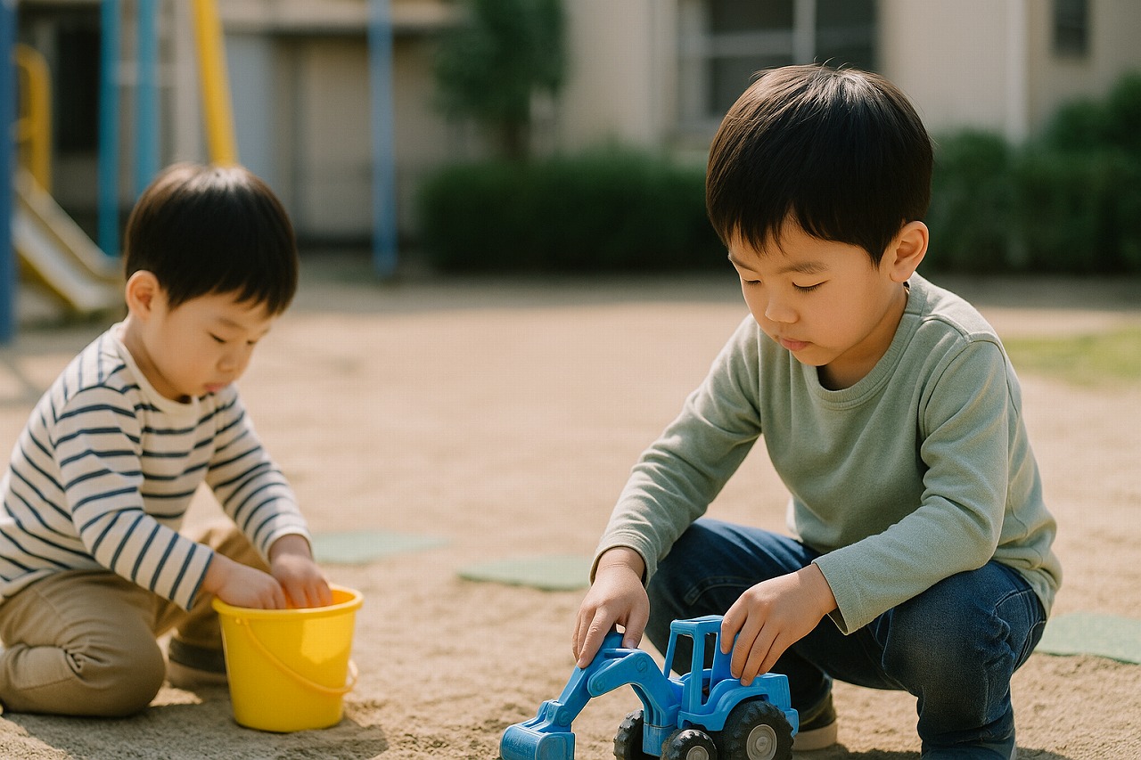 園庭で兄弟がそれぞれ異なる遊びに夢中になっている様子を写した写真。性格の違いが自然に感じられるシーン。
