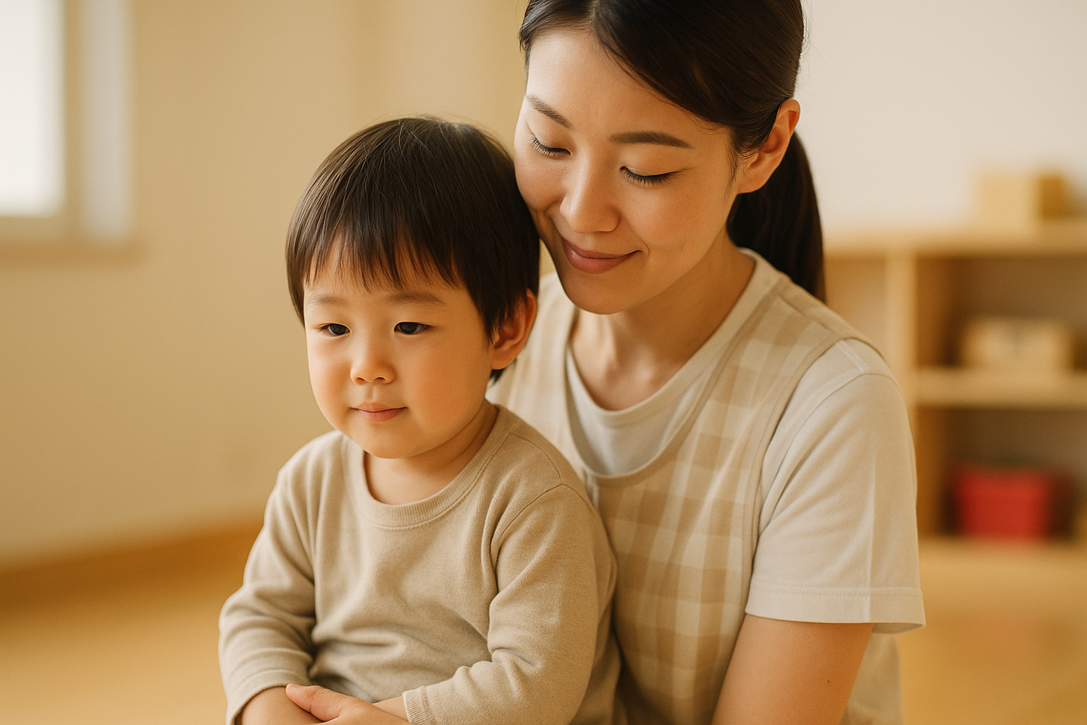 保育士の膝の上で安心して気持ちを落ち着ける幼児の姿を捉えた写真。