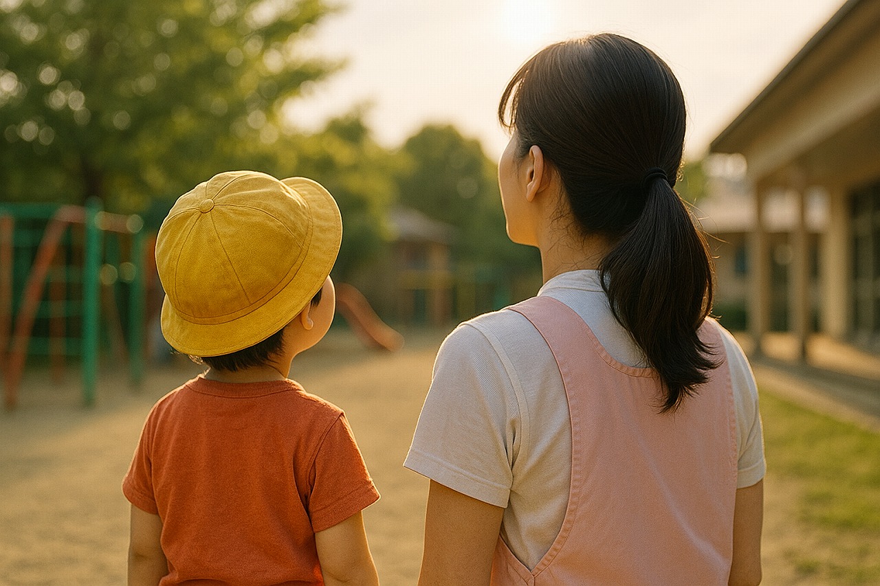 夕方の園庭で、幼児と保育士が空を見上げながら会話をしている後ろ姿。自然光が柔らかく差す保育園の日常風景。