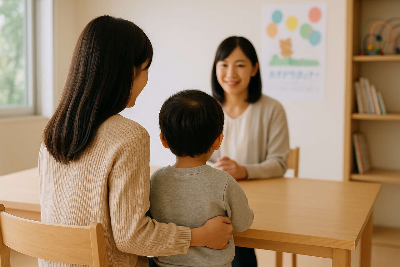 子育て支援センターで相談している親子の後ろ姿の写真。