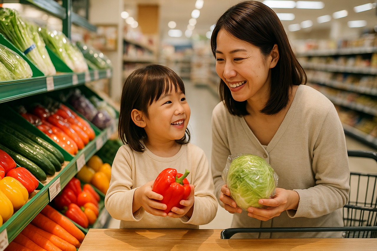 スーパーの野菜売り場で、親子が笑顔で野菜を選ぶシーン